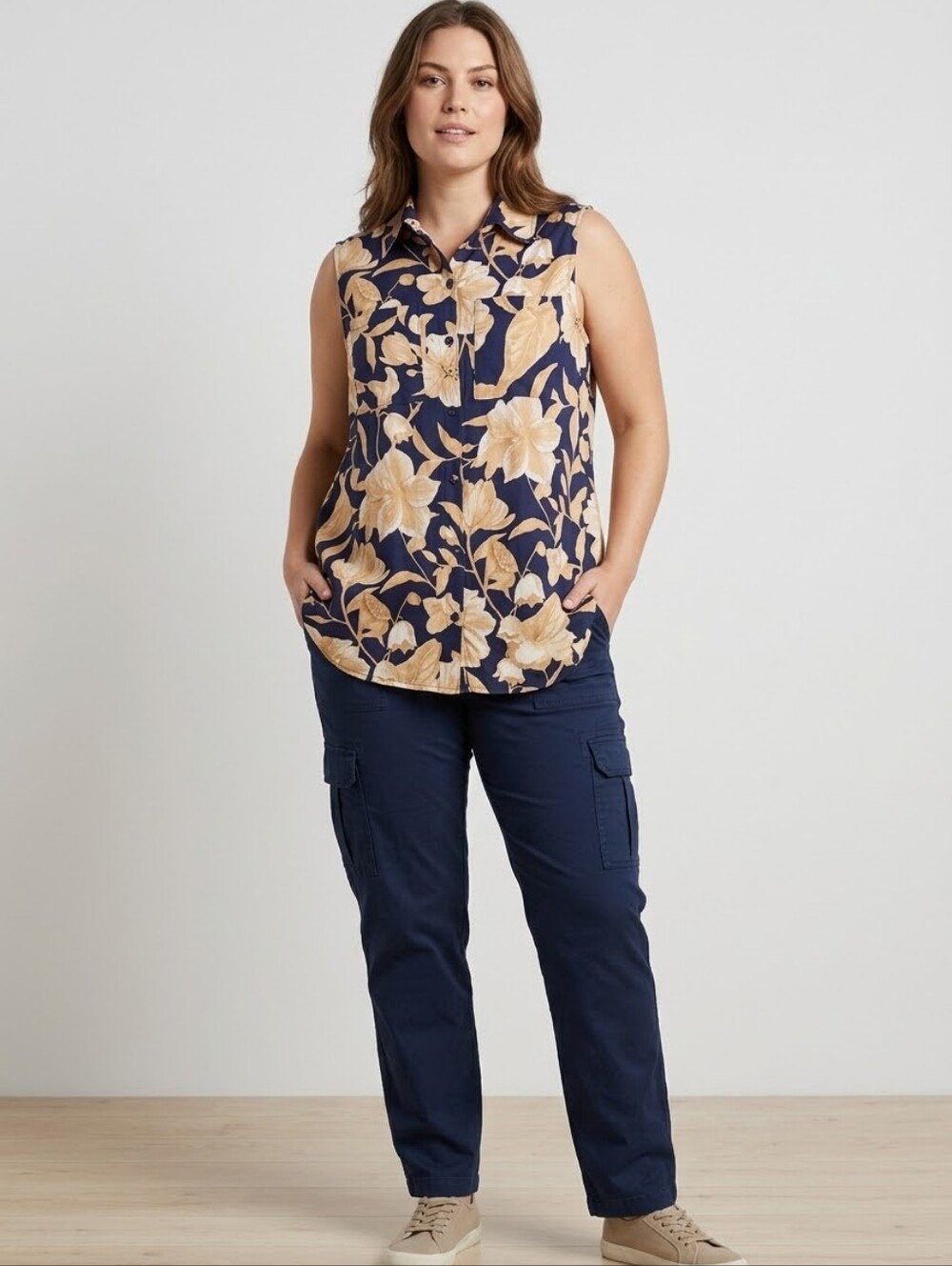 Joie Navy Floral Top Size Large Linen Blend Sleeveless Button Down Tunic